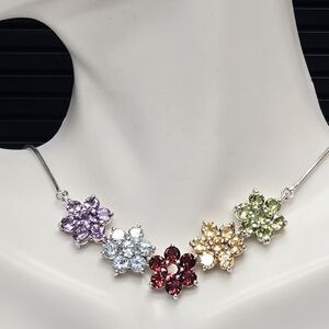 925 Sterling Multi-Color Gemstons Floral Necklace